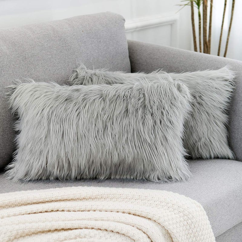 WLNUI Set of 2 Light Grey Decorative Lumbar Fluffy Pillow Covers New Luxury Series Merino Style Faux Fur Throw Pillow Covers Fuzzy Cushion Case Spring Easter Home Decor 12x20 Inch - Image 1